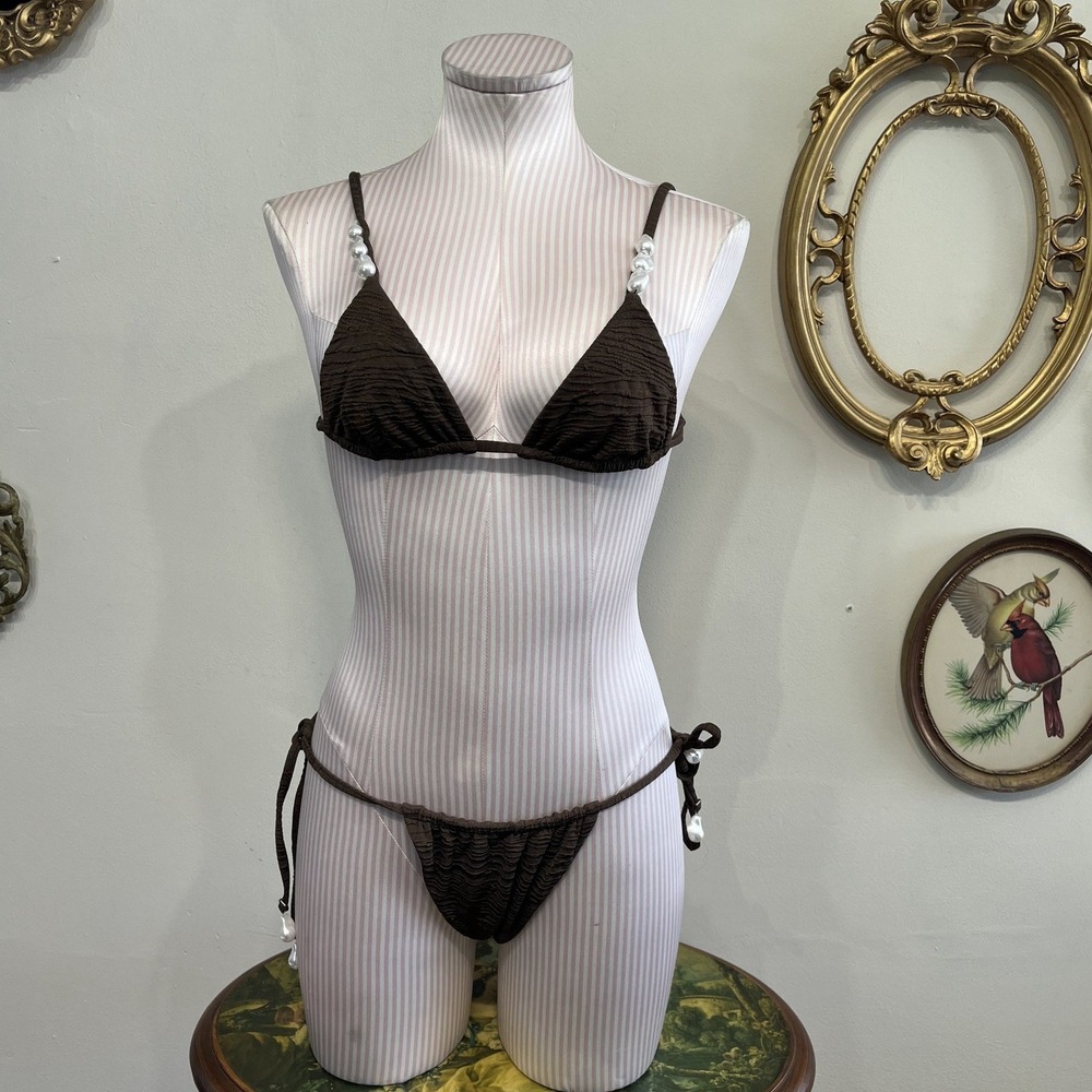 La Porte Brown Crinkle Bikini Set Pearl Embellished Beachwear Size Small